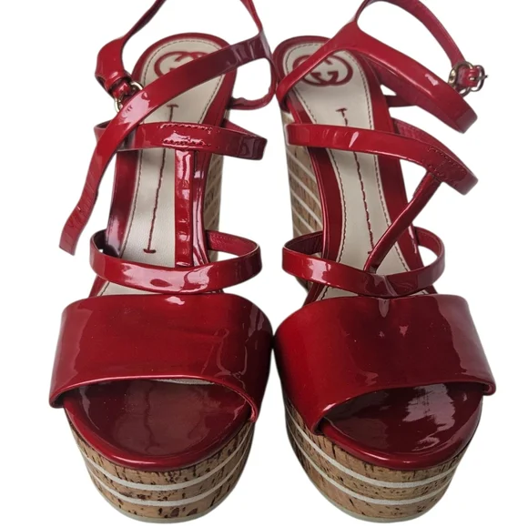 Gucci Red Pattent Leather Strappy Wedge Sandals - Picture 11 of 16